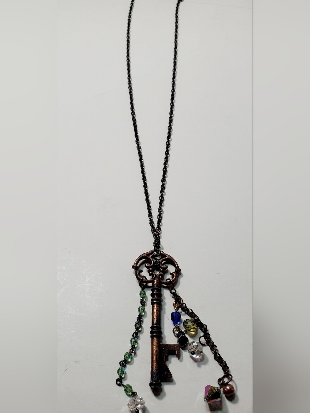 Vintage-Style Key Pendant Necklace in Antique Copper with Green & Blue Accents